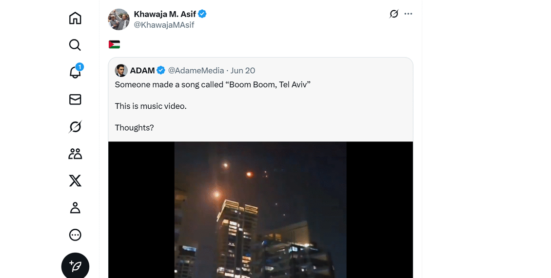 ایرانی میزائل حملوں سے اسرائیل کی تباہی پر بنا ’بوم بوم تل ابیب‘ گانا سوشل میڈیا پر وائرل،وزیر دفاع خواجہ آصف بھی شیئر کیے بنا نہ رہ سکے